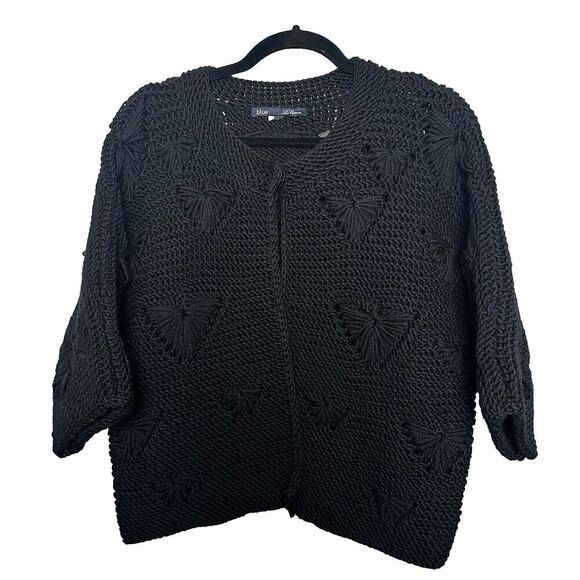 Blue Les Copains Womens Chunky Knit Cardigan Sweater Size XL Black Boho Textured - Picture 1 of 10